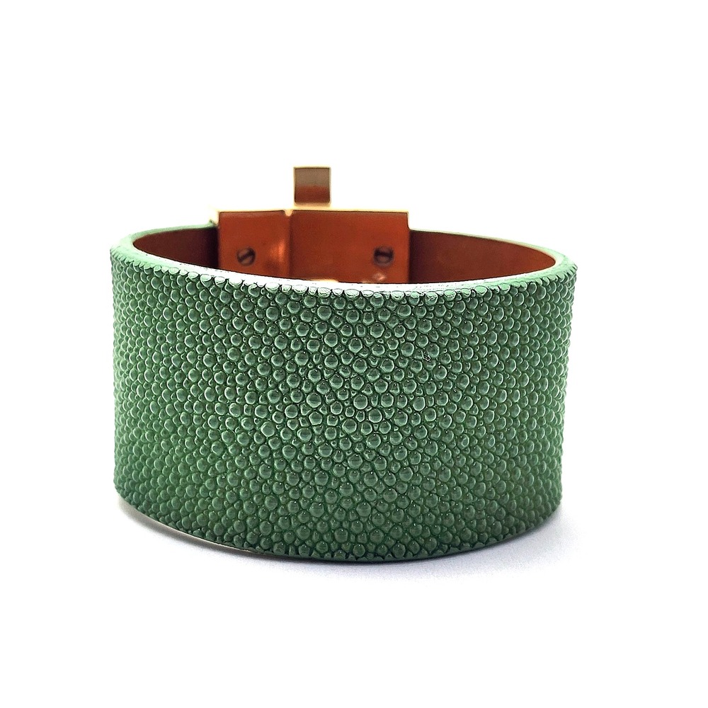 Leighelena Wide Jigsaw Cuff Bracelets—Genuine Stingray Avocado Green - Picture 6 of 16